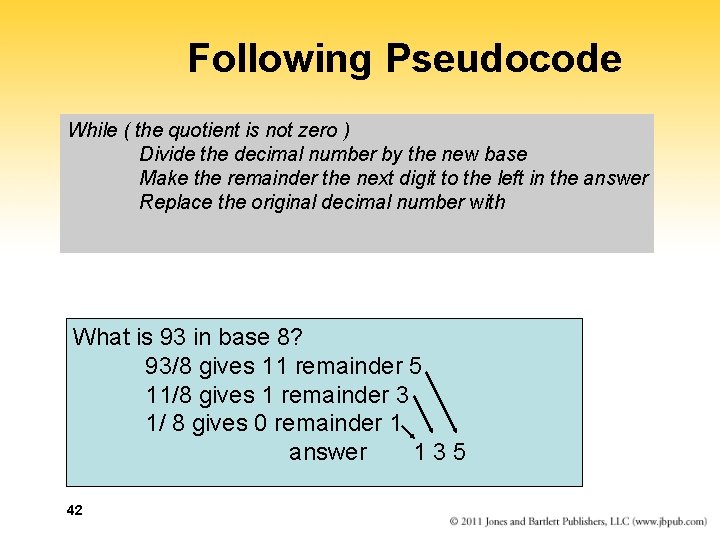 Following Pseudocode While ( the quotient is not zero ) Divide the decimal number