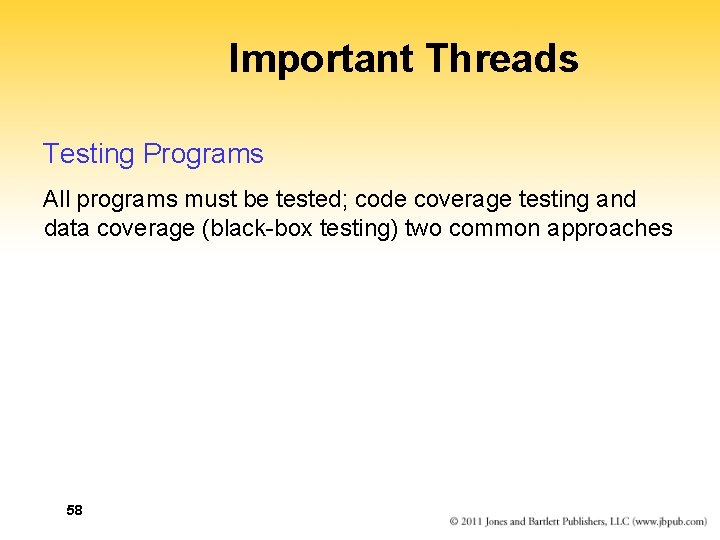 Important Threads Testing Programs All programs must be tested; code coverage testing and data