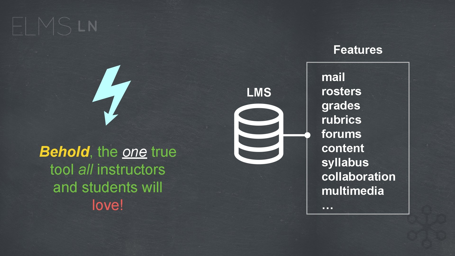 Features LMS Behold, the one true tool all instructors and students will love! mail