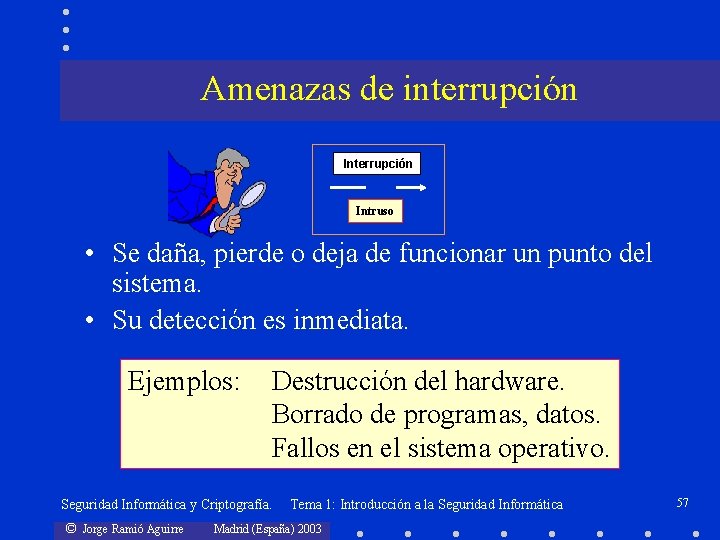 Amenazas de interrupción Intruso • Se daña, pierde o deja de funcionar un punto