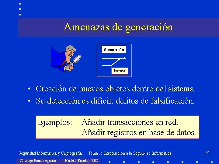 Amenazas de generación Generación Intruso • Creación de nuevos objetos dentro del sistema. •