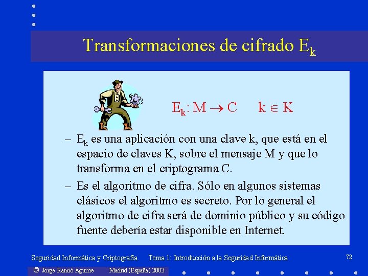 Transformaciones de cifrado Ek Ek: M C k K – Ek es una aplicación