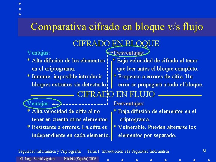 Comparativa cifrado en bloque v/s flujo CIFRADO EN BLOQUE Ventajas: Desventajas: * Alta difusión