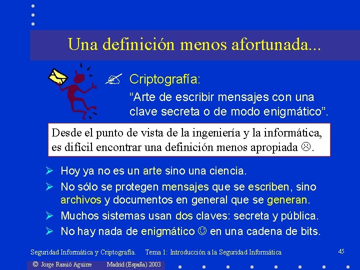 Una definición menos afortunada. . . Criptografía: “Arte de escribir mensajes con una clave