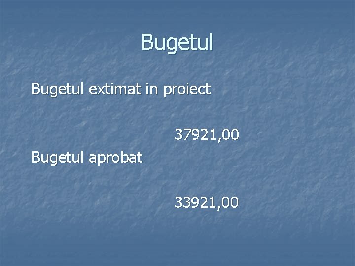 Bugetul extimat in proiect 37921, 00 Bugetul aprobat 33921, 00 