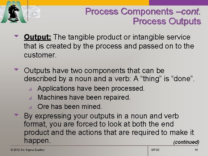 Process Components –cont. Process Outputs u Output: The tangible product or intangible service that