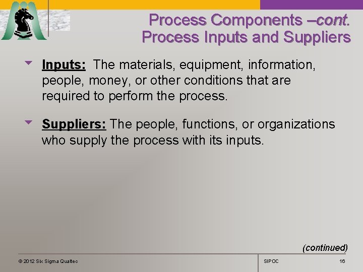 Process Components –cont. Process Inputs and Suppliers u Inputs: The materials, equipment, information, people,