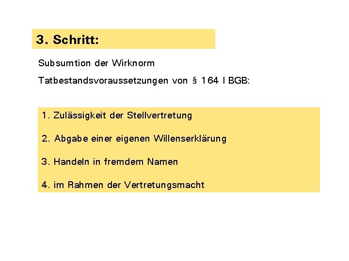 3. Schritt: Subsumtion der Wirknorm Tatbestandsvoraussetzungen von § 164 I BGB: 1. Zulässigkeit der