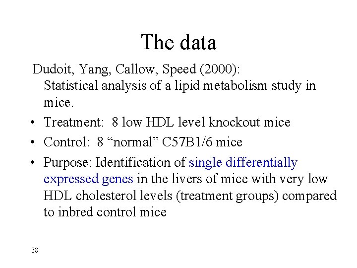 The data Dudoit, Yang, Callow, Speed (2000): Statistical analysis of a lipid metabolism study