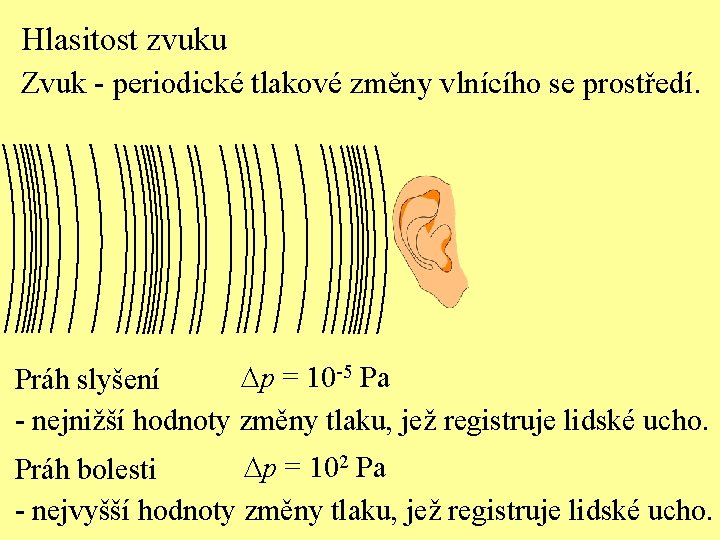 Hlasitost zvuku Zvuk - periodické tlakové změny vlnícího se prostředí. Dp = 10 -5