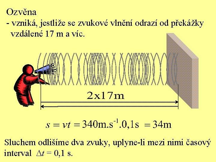 Ozvěna - vzniká, jestliže se zvukové vlnění odrazí od překážky vzdálené 17 m a