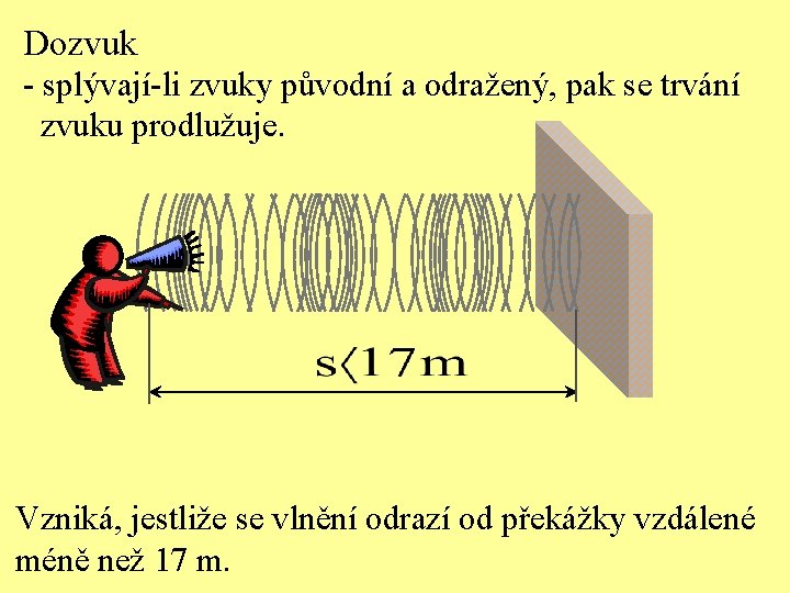 Dozvuk - splývají-li zvuky původní a odražený, pak se trvání zvuku prodlužuje. Vzniká, jestliže