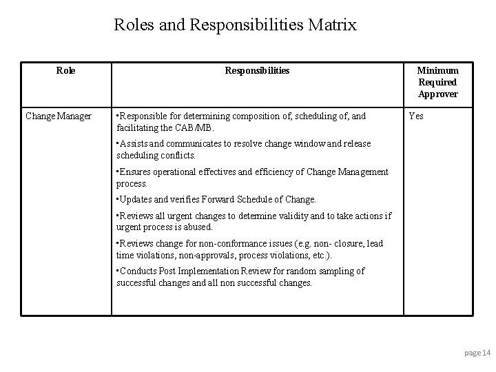 Roles and Responsibilities Matrix Role Change Manager Responsibilities • Responsible for determining composition of,