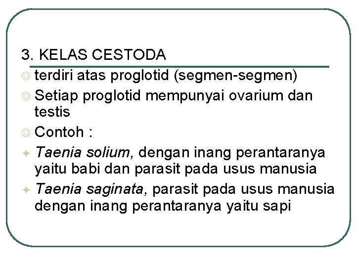 3. KELAS CESTODA J terdiri atas proglotid (segmen-segmen) J Setiap proglotid mempunyai ovarium dan