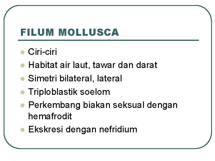 FILUM MOLLUSCA l l l Ciri-ciri Habitat air laut, tawar dan darat Simetri bilateral,