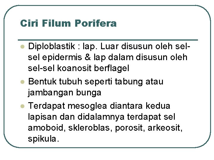 Ciri Filum Porifera l l l Diploblastik : lap. Luar disusun oleh selsel epidermis