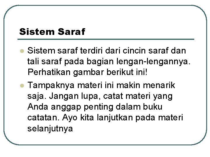 Sistem Saraf l l Sistem saraf terdiri dari cincin saraf dan tali saraf pada