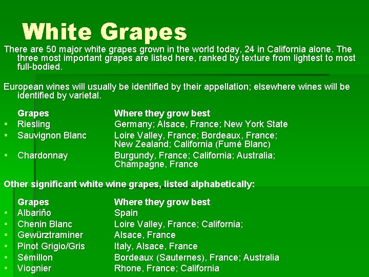 White Grapes There are 50 major white grapes grown in the world today, 24