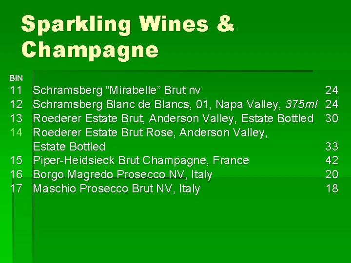 Sparkling Wines & Champagne BIN 11 12 13 14 Schramsberg “Mirabelle” Brut nv Schramsberg