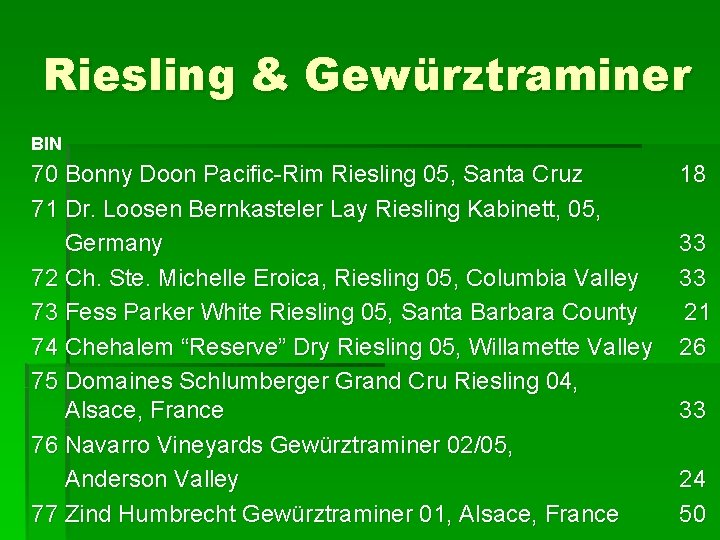 Riesling & Gewürztraminer BIN 70 Bonny Doon Pacific-Rim Riesling 05, Santa Cruz 71 Dr.