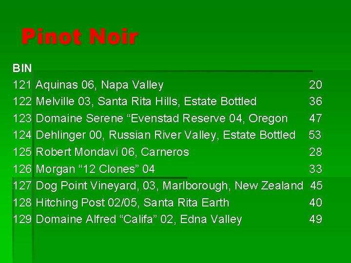 Pinot Noir BIN 121 Aquinas 06, Napa Valley 122 Melville 03, Santa Rita Hills,