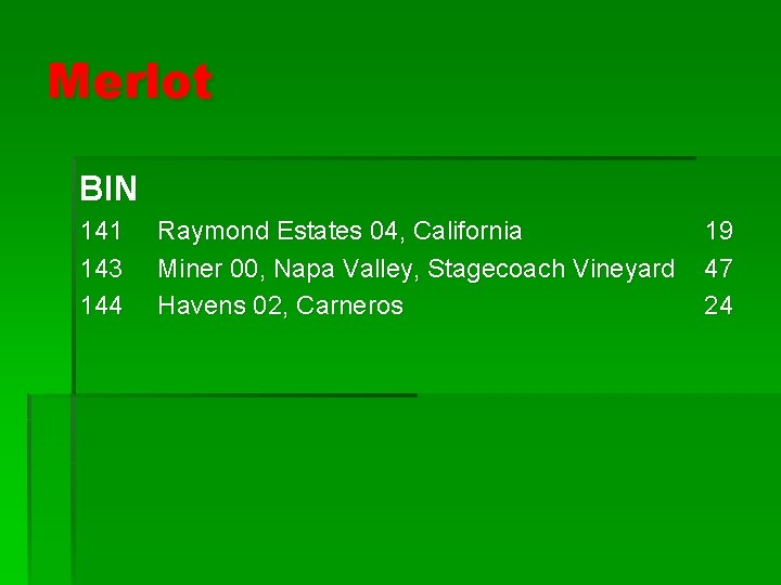 Merlot BIN 141 143 144 Raymond Estates 04, California Miner 00, Napa Valley, Stagecoach