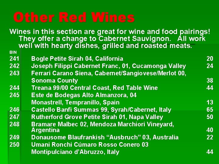 Other Red Wines in this section are great for wine and food pairings! They