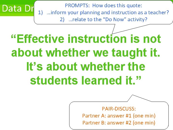 Data Driven Instruction PROMPTS: How does this quote: 1) …inform your planning and instruction