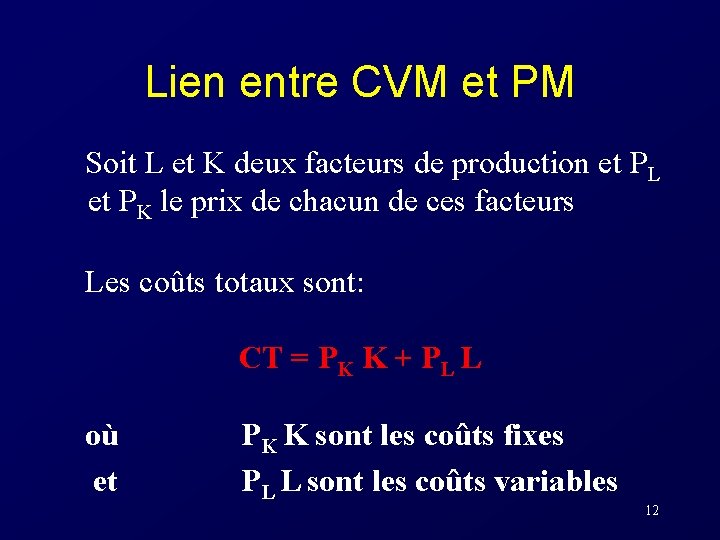 Lien entre CVM et PM Soit L et K deux facteurs de production et