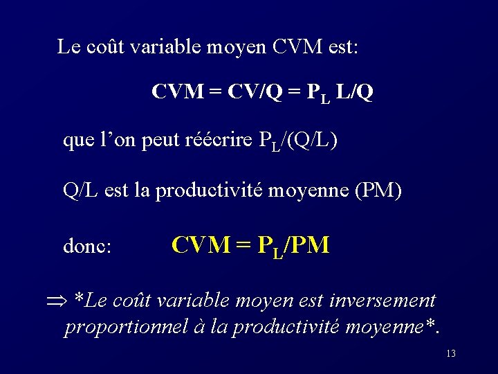  Le coût variable moyen CVM est: CVM = CV/Q = PL L/Q que