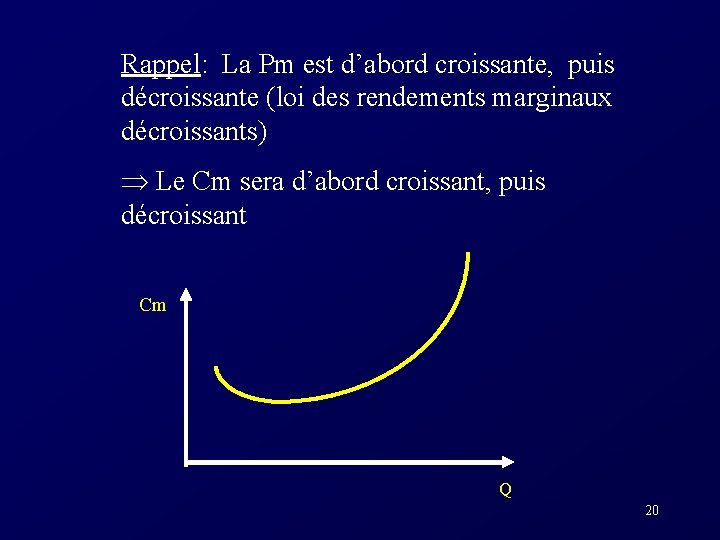 Rappel: La Pm est d’abord croissante, puis décroissante (loi des rendements marginaux décroissants) Le