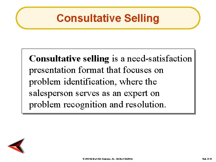Consultative Selling Consultative selling is a need-satisfaction presentation format that focuses on problem identification,