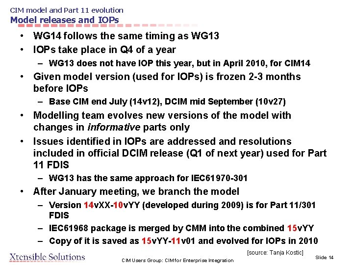 CIM model and Part 11 evolution Model releases and IOPs • WG 14 follows