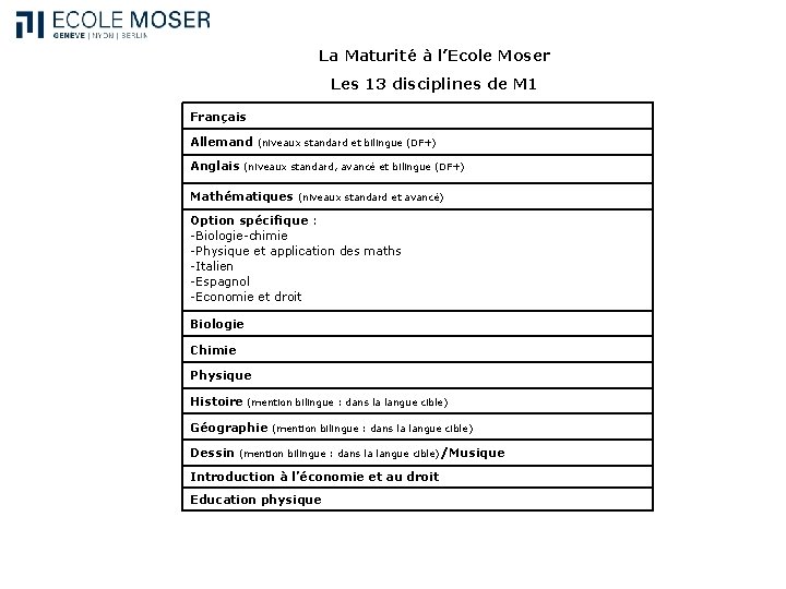 La Maturité à l’Ecole Moser Les 13 disciplines de M 1 Français Allemand (niveaux