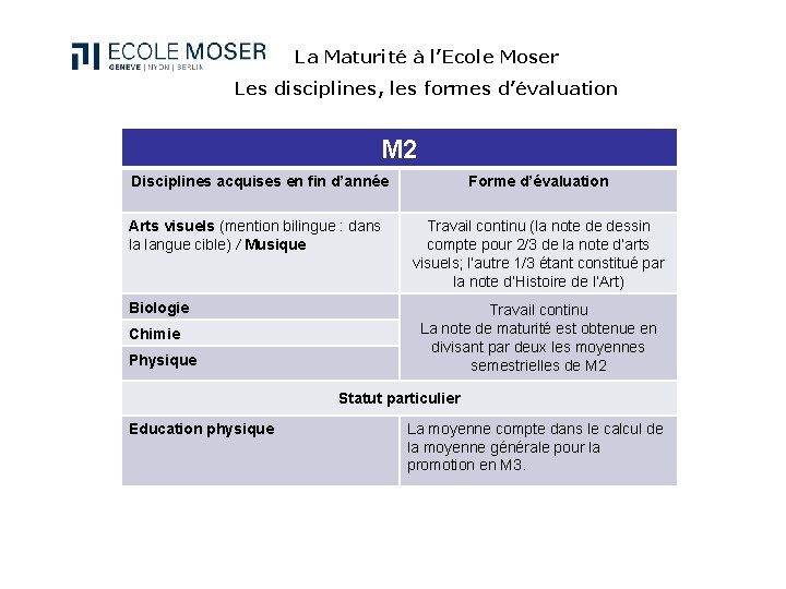 La Maturité à l’Ecole Moser Les disciplines, les formes d’évaluation M 2 Disciplines acquises