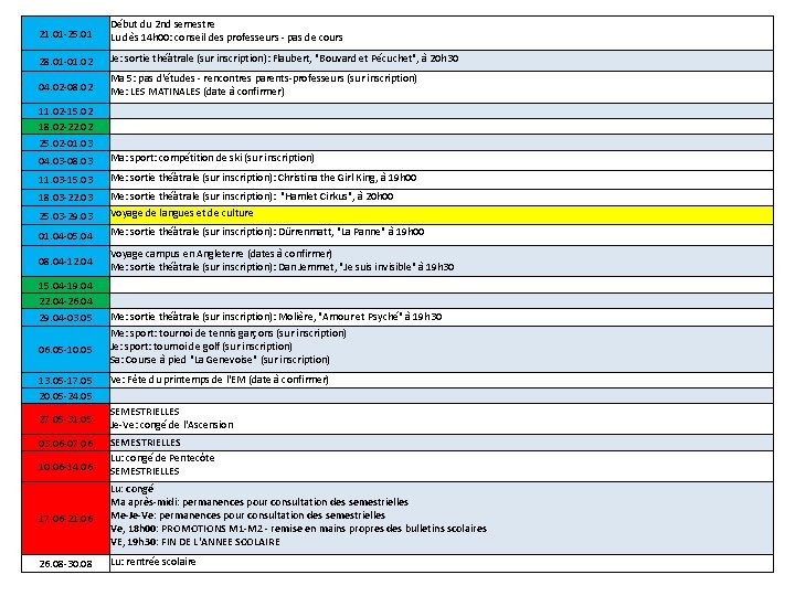 21. 01 -25. 01 Début du 2 nd semestre Lu dès 14 h 00: