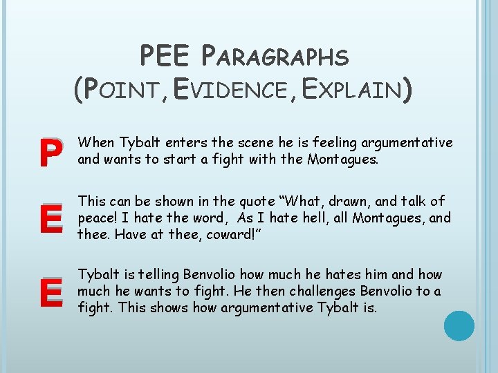 PEE PARAGRAPHS (POINT, EVIDENCE, EXPLAIN) P When Tybalt enters the scene he is feeling