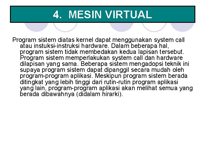 4. MESIN VIRTUAL Program sistem diatas kernel dapat menggunakan system call atau instuksi-instruksi hardware. 4. MESIN VIRTUAL Program sistem diatas kernel dapat menggunakan system call atau instuksi-instruksi hardware.