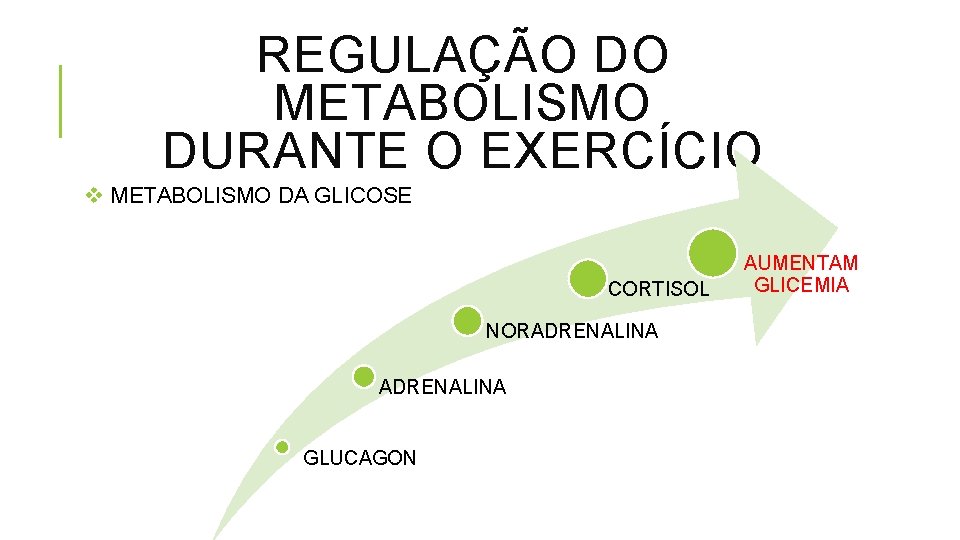 REGULAÇÃO DO METABOLISMO DURANTE O EXERCÍCIO v METABOLISMO DA GLICOSE CORTISOL NORADRENALINA GLUCAGON AUMENTAM