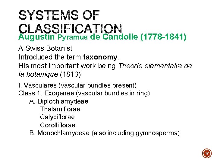 Augustin Pyramus de Candolle (1778 -1841) A Swiss Botanist Introduced the term taxonomy. His