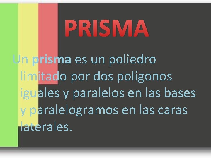 PRISMA Un prisma es un poliedro limitado por dos polígonos iguales y paralelos en