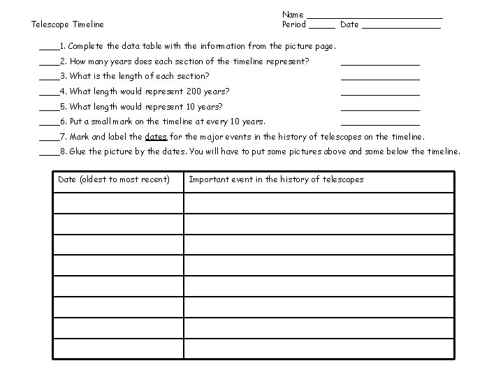 Name _____________ Period _____ Date ________ Telescope Timeline ____1. Complete the data table with