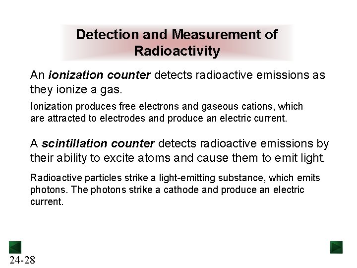 Detection and Measurement of Radioactivity An ionization counter detects radioactive emissions as they ionize