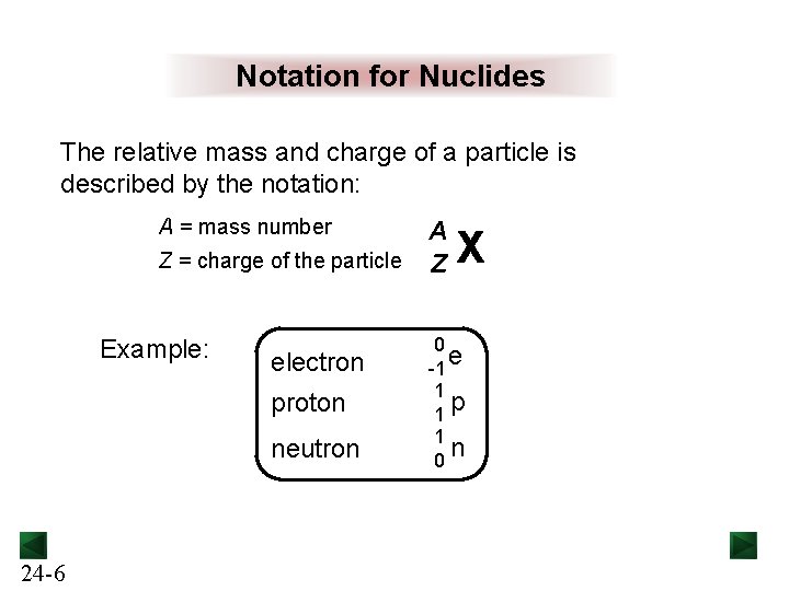 Notation for Nuclides The relative mass and charge of a particle is described by