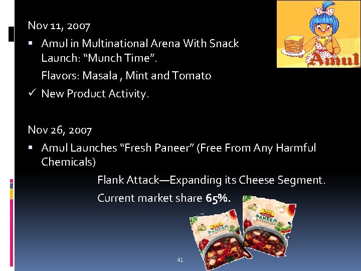 Nov 11, 2007 Amul in Multinational Arena With Snack Launch: “Munch Time”. Flavors: Masala Nov 11, 2007 Amul in Multinational Arena With Snack Launch: “Munch Time”. Flavors: Masala
