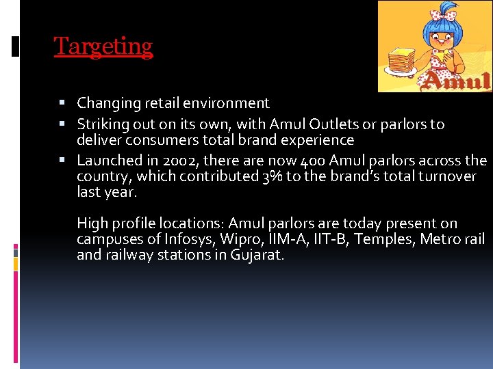 Targeting Changing retail environment Striking out on its own, with Amul Outlets or parlors Targeting Changing retail environment Striking out on its own, with Amul Outlets or parlors