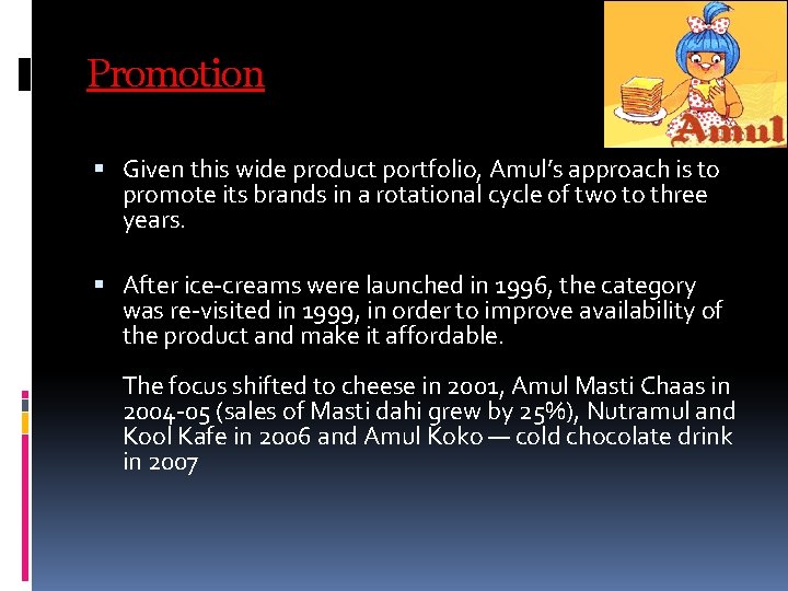 Promotion Given this wide product portfolio, Amul’s approach is to promote its brands in Promotion Given this wide product portfolio, Amul’s approach is to promote its brands in