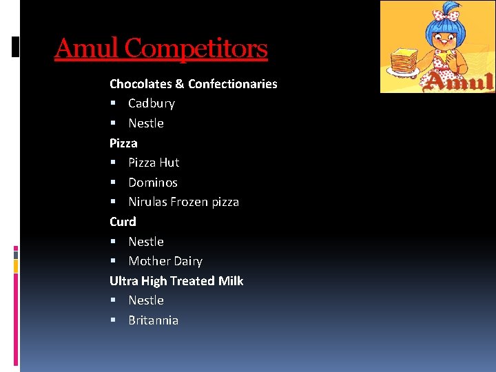 Amul Competitors Chocolates & Confectionaries Cadbury Nestle Pizza Hut Dominos Nirulas Frozen pizza Curd Amul Competitors Chocolates & Confectionaries Cadbury Nestle Pizza Hut Dominos Nirulas Frozen pizza Curd