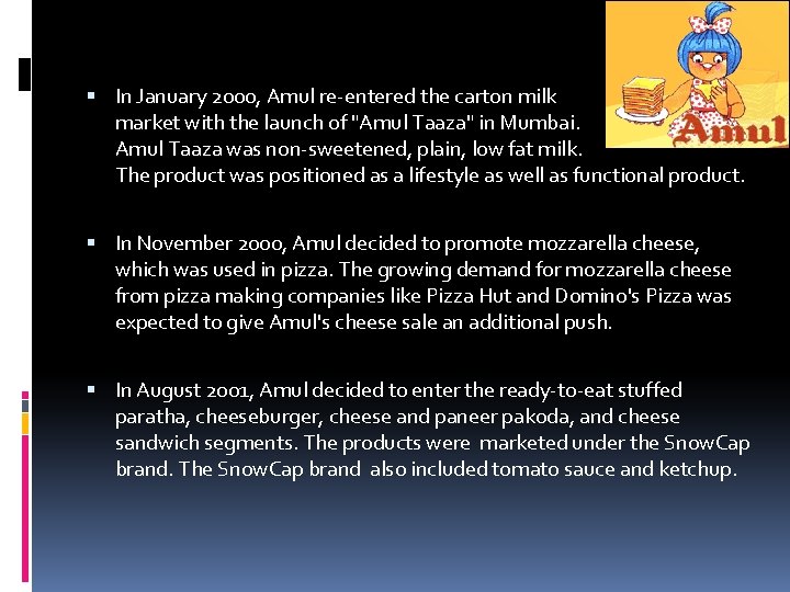 In January 2000, Amul re-entered the carton milk market with the launch of In January 2000, Amul re-entered the carton milk market with the launch of