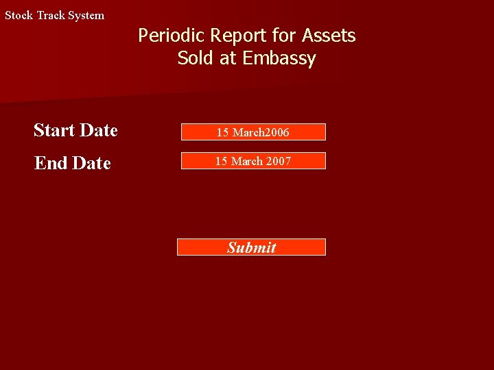 Stock Track System Periodic Report for Assets Sold at Embassy Start Date 15 March Stock Track System Periodic Report for Assets Sold at Embassy Start Date 15 March